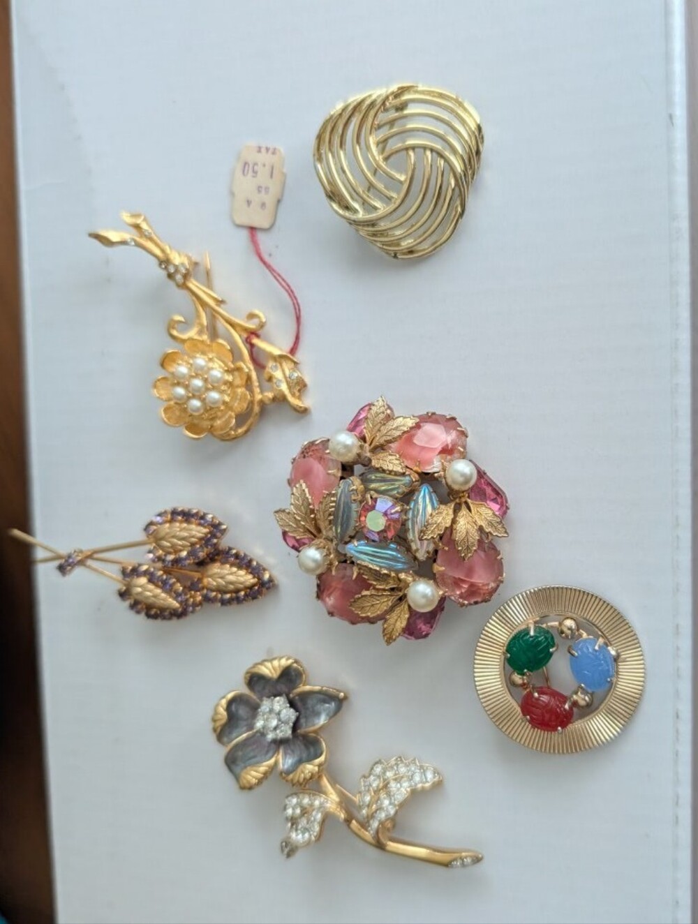 Vintage Brooch Lot Flower Scarab Rhinestone Enamel